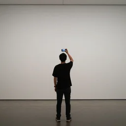 person seen from behind standing in empty gallery, contemplating over empty opposite wall, smartphone screen in hand overhead, provia
