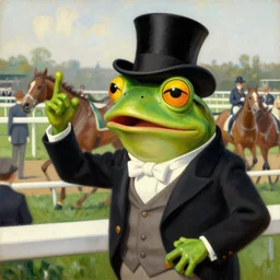 pepe the frog at the royal ascot, wearing morning suit and top hat, excited watching the horse races, expressive painting by Joseph Christian Leyendecker