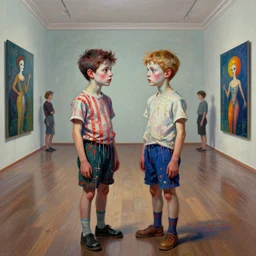 portrait of two morphed harlequins faced boys in a large room by and james jean and luc tuymans and vincent lefevre and hernan bas and pat steir and hilma af klint, digital paint, glitch, psychological, dripping paint, generative art, 8 k high quality render, altermodern, masterpiece