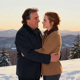 danny devito and emma watson at a winter mountaintop, mount lafayette new hampshire, golden hour, snow, digital art, loving embrace, trending on artstation