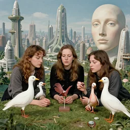 non binary future world, sustainable cities in a harmonious coexistence, lou, noa & plume are studying the birds language, super 8 portrait by leonora carrington, kiki smith, barbara hammer 4 k, 8 k, perfect face