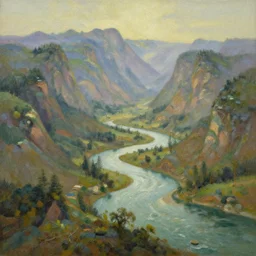 The most beautiful landscape filled with mountains and rivers, oil painting