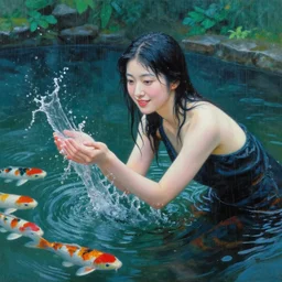 beautiful japanese woman splashing in a koi pond in the rain, yumiko kayukawa, drab blue greens, dark greens, highly detailed, award winning, oil painting