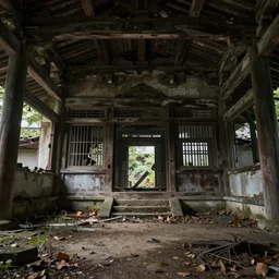ruined, abandoned japanese temple, seen from inside. Diffused light falls through the broken windows. Dirt, leaves on ground. Unreal Engine. Substance painter. Zbrush. Trending on artstation. 8K. Highly detailed.