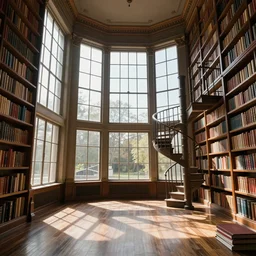 3 d huge hall full of windows streaming sunlight, spiralling staircase and shelves full of books, strong shadows, full colour, hyper realistic photo, unreal engine, upscale, 8 k, masterpiece,