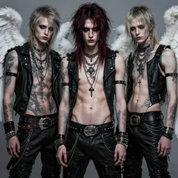 male grunge angels. emo alt angels. concept art. fashion. aesthetic. character design. repin. rhads greg rutkowski. kuvshinov ilya. ruan jia. highly detailed. intricate jewelry. hyper realism. realistic. ray tracing hdr. analogous colors. uhd dynamic lighting.