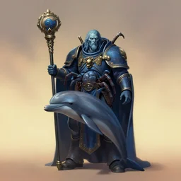 full character potrait of a genetic combination between dolphin & tarantula & human, holding a ceremonial staff, wearing a cloak, zdzislaw beksinski, lewis jones, dariusz zawadzki, wayne barlow, warhammer fantasy, cold hue's, warm tone gradient background, concept art, 4 k, ultra - high - definition
