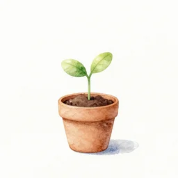 watercolor minimalist art tiny plant sprouting in cute pot on white background