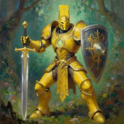 full body, attack position abstract painting in lush fantasy environment of a ornate holy mechanical warforged with circular glowing eye, character in yellow armor holding a legendary paladin engraved holy great longsword and carrying a huge heavy paladin shield, vertically flat head, face in focus, epic , trending on ArtStation, masterpiece,  cinematic lighting,  by Roger Dean, by Anton Fadeev, by albert bierstadt, magical realism, oil on canvas, soft render, octane, artstation