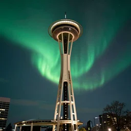 intense aurora above space needle centered film long exposure velvia wide angle