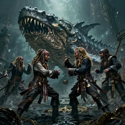 pirates fighting kraken, cinematic atmosphere, maximized, high detail, 8k, ornate, dark fantasy, masterpiece, complex, film still from the movie directed by Denis Villeneuve