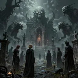 a highly detailed matte painting of lovecraftian cosmic horror cemetery filled with eldritch creatures and beasts and cultists, by artgerm, by wlop, by greg rutkowski, volumetric lighting, octane render, 4 k resolution, trending on artstation, masterpiece