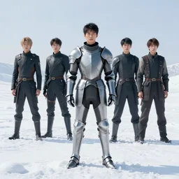 wide shot, cyber knight character, in a large snowy field : hsiao - ron cheng, hugh kretschmer, scott listfield, wayne barlowe, john chamberlain : ornate, dynamic, particulate, rich colors, intricate, elegant, highly detailed, centered, artstation, smooth, sharp focus, octane render