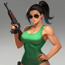 a concept art of a beautiful curvy anime girl with an athletic feminine body in a green tank top and aviator classic sunglasses holding an assault rifle by junkt, ponytail, front shot, concept art, oc commission, tanned body, power pose, illustration