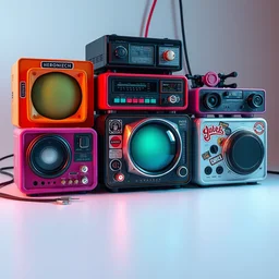still life of colorful cyberpunk electronics with stickers by hieronymus bosch, solid shape, zoomed in on a single retro electronic. vintage shape. cold color scheme, cool white 6 5 0 0 k light, baroque painting, perfect composition, detailed octane render trending on artstation, 8 k artistic photography, masterpiece, raphael, caravaggio, beksinski, rutkowski