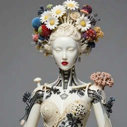 beautiful porcelain ivory woman elegant biomechanical cyborg, beautiful fair face, red plump lips, iris van herpin, elegant haute couture, black intricate details, cable wires, floral stems, laser cut mesh, headdress with daisies, colorful puffballs, mushrooms, rhizomorphs, brackets, fractal sponge corals, magnesium, hyper detailed, ultra sharp, soft light, 8 k,