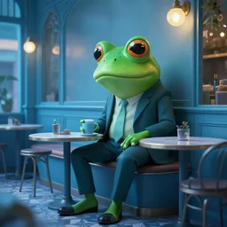 the most beautiful cybercore frog cafe coffee shop, casual elegant suit, blue low - light photography, angelic detail, subsurface scattering, scene from cannes award winning movie