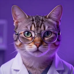 closeup portrait of a cat scientist, glasses. purple lighting. fantasy, digital painting, hd, 4 k, detailed.