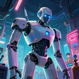 closeup of robot, interior shot, ready player one, scifi robot repair workshop, neon lights, james gurney, katsuhiro otomo, james paick, cinematic lighting, artstation, vibrant nature, anime style, Craig Mullins, Greg Rutkowski, Pete Morbacher, Tuomas Korpi, tekkon kinreet, volumetric light, artstation, , octane render, redshift render, low angle camera