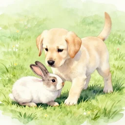 fat puppy labrador playing with rabbit in field watercolor