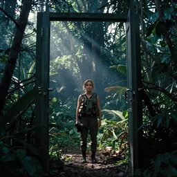 film still, millie bobby brown, extreme far view, jungle, vietnam door gunner, apocalypse now, full metal jacket, associated press, kodak ektachrome, blue tint expired film