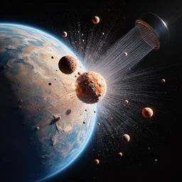 a shower asteroids hitting a planet, from outer space