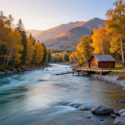 DSLR still of a beautiful mountainside river with a pier and a log cabin at sunrise in fall, 4k
