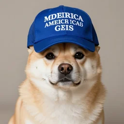 doge wearing a make america great again cap, realistic, 8 k,