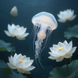 white lotus flowers swimming underwater like a jellyfish, photographic, cinematic, photorealistic, volumetric lighting, detailed, smooth, artstation, octane render, wolp