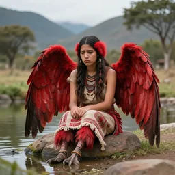 Harpy, young woman, red feathered wings, bird legs, wearing Inka clothes, sad expression, sitting at a pond, mountainous area, trees in the background, trending on artstation
