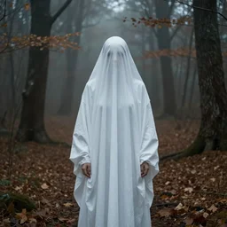 a white female ghost in a dark forest, autumn, 35mm, cinematic, mist, photorealistic, depth of field, gloomy