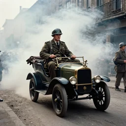 smoke,!!! colored photography, wwi 1 9 1 4 car in street, dramatic light, zdzidaw, ultrafine, hyperrealistic, 3 2 k, 3 5 mm film still, movie