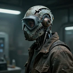 a half - masked rugged laboratory engineer man with cybernetic enhancements as seen from a distance, scifi character portrait by greg rutkowski, esuthio, ian mcque, 1 / 4 headshot, cinematic lighting, dystopian scifi gear, gloomy, profile picture, mechanical, cyborg, half robot, implants, dieselpunk