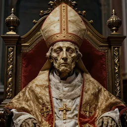 mummified pope in his throne at the vatican, desiccated, close - up portrait, tall pontiff hat, mitre, dark, moody, ornate, hyper realistic, sharp focus, highly detailed