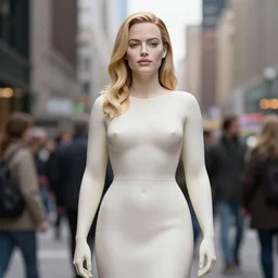 a beautiful margot robbie sculpture standing in a crowded city, 8 k resolution, high detail