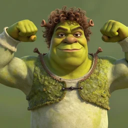 muscular shrek with short brown curly hair with bangs and a chiseled jawline as he pridefully flexes his muscles intensely, realistic hyperrealistic 4 k resolution 8 k resolution highly detailed very detailed extremely detailed hd quality detailed face very detailed face extremely detailed face trending on artstation