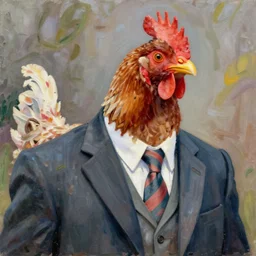 a high quality photo of a chicken wearing a suit, impressionism, 8 k, loose composition