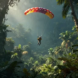 upward view of only one single lone parachuting soldier in descent, view from jungle upward, rule of thirds, dramatic lighting, highly detailed, artstation, unreal engine, matte painting in the style of craig mullins, Uncharted 4