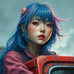 portrait of a blue and pink haired korean woman riding on top of a firetruck by hr giger, greg rutkowski, luis royo and wayne barlowe, highly detailed face, detailed eyes, 8 k