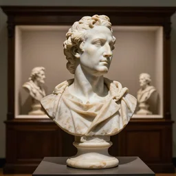 bust of steve buscemi, marble sculpture, photorealistic by michael komarck, greg rutkowski, victo ngai, artgerm, willem claesz heda and j. dickenson, museum piece, museum display, back - lit, wooden cabinet