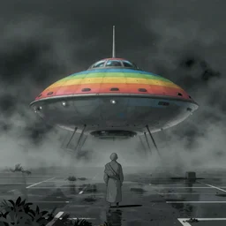 a realistic and atmospheric cell - shaded concept art from howl's moving castle ( 2 0 0 4 ) of a rainbow colored ufo landing on the ground. a grey monk is standing in a flooded parking lot. it is a misty starry night. very dull muted colors, hd, 4 k, hq