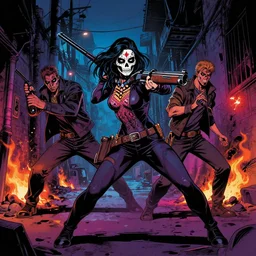 tom bagshaw, david baldeon, artgerm, rafael albuquerque comic art : : samara weaving with ( skull face paint ), holding a shotgun, in an action pose : : in an alleyway during the purge : : night time dark with neon colors, fires, horror : :