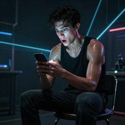 young man looking at his phone with a shocked face sitting on a stool in a dark room with laser light, glistening skin, cyberpunk, art nouveau, dynamic lighting, high detail, concept art, artstation. by Paolo Eleuteri Serpieri