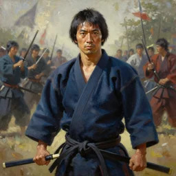 aikido founder morihei ueshiba as samurai on the battlefield, oil painting, hd, artstation, sharp