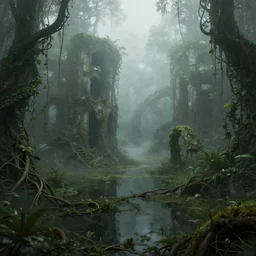 a swamp with vines, hidden overgrown ruins, foggy, atmospheric, misty, moebius, detailed, digital art, trending on artstation