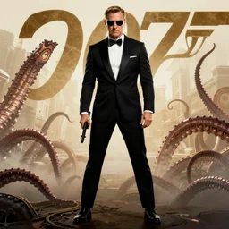 ( james bond ) 0 0 7 movie poster, ( james bond ) in bodyguard stance, tentacles in background, highly detailed, intricate detail, trending on artstation, by ( ( ( tom whalen ) ) ), by artgerm, by wlop