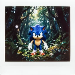 cross section polaroid instax polaroid film still of a sonic the hedgehog blue swamp creature with fangs and claws, dark forest, faded glow, anamorphic lens flare, creepypasta