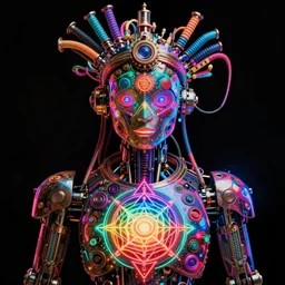 hyperdetailed masterpiece portrait of a steampunk robot, covered in colorful glowing holy geometry and chakras, wearing a diadem of multicolored tubes and cables, symmetrical, 8 k, halluzinogenic, flourescent colors on black background