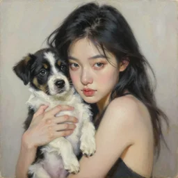 a painting of xyremm trending on artstation in the style of greg rutkowski, wlop, oil on canvas, feminine, beautiful, sensual, portrait, puppy, black hair