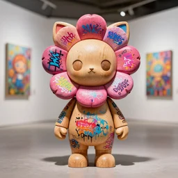 8 k octan, advertising, highly detailed, photo, a totally wooden figurine collectible art toys wooden on feet, very cute fat cyborg flowers zen with cat ears, graffiti colored cyberpunk a contemporary art gallery, symetrical, masterpiece, nofinito, design